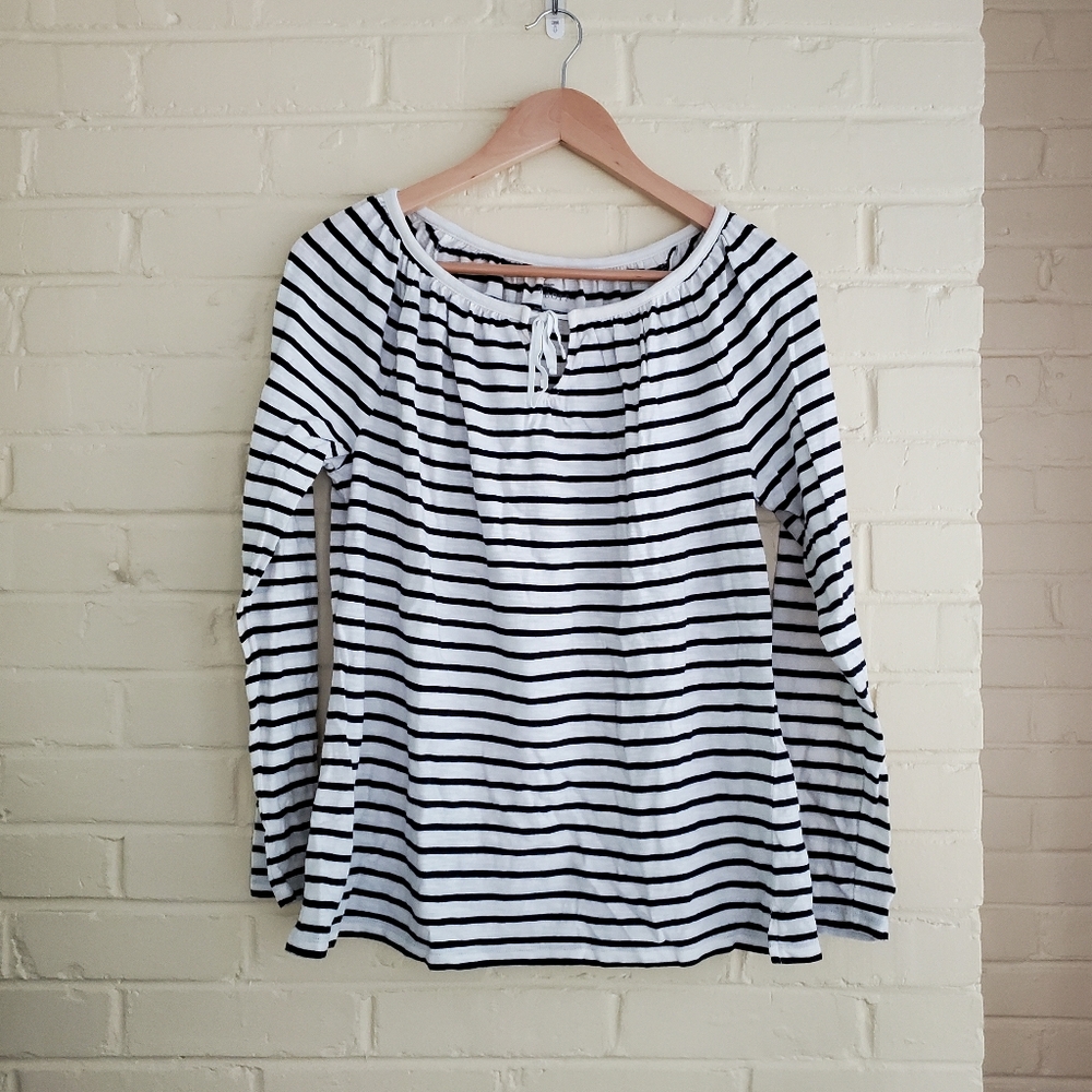 Talbots Striped Top 100% Cotton Tie Neck Black White Long Sleeve